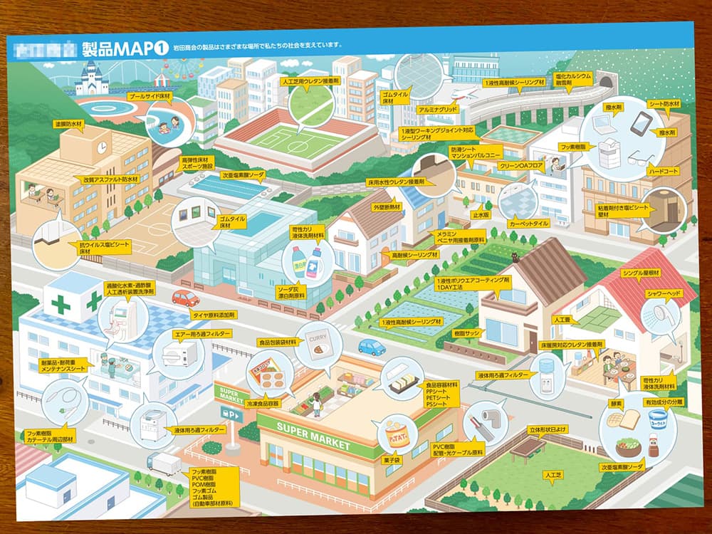 〈製品紹介パンフレット〉_アイソメトリックイラスト_街の俯瞰図イラスト作成_街・都市・施設・街並み_イラストレーターいわたまさよし