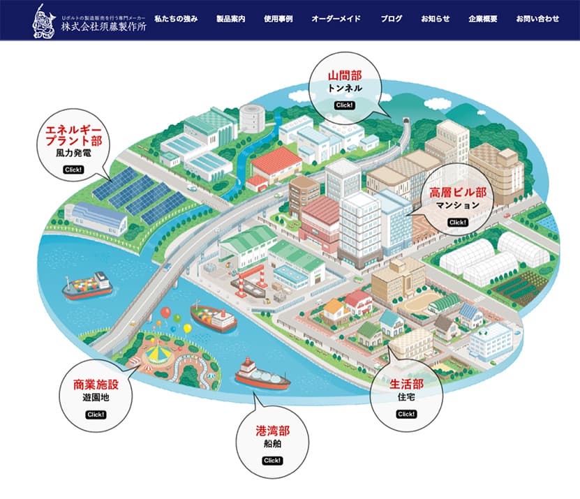 株式会社 須藤製作所〈ホームページ〉_アイソメトリックイラスト_街の俯瞰図イラスト作成_街・都市・施設・街並み_イラストレーターいわたまさよし
