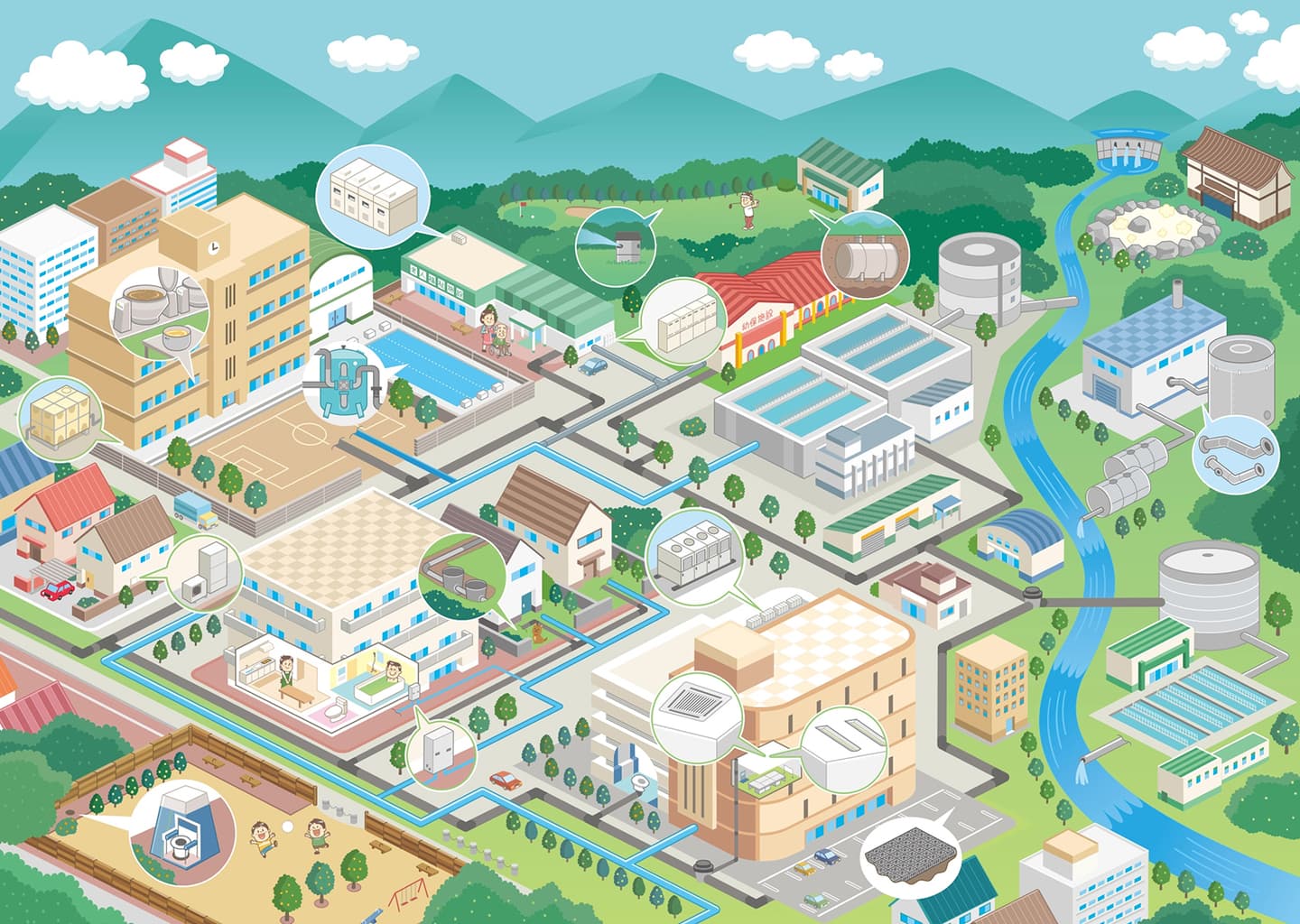 渡辺パイプ株式会社〈パンフレット〉_アイソメトリックイラスト_街の俯瞰図イラスト作成_街・都市・施設・街並み_イラストレーターいわたまさよし