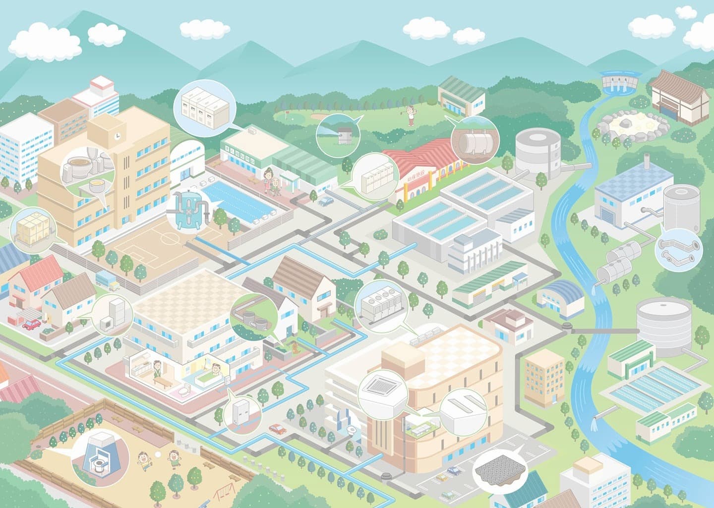 渡辺パイプ株式会社〈パンフレット〉_アイソメトリックイラスト_街の俯瞰図イラスト作成_街・都市・施設・街並み_イラストレーターいわたまさよし
