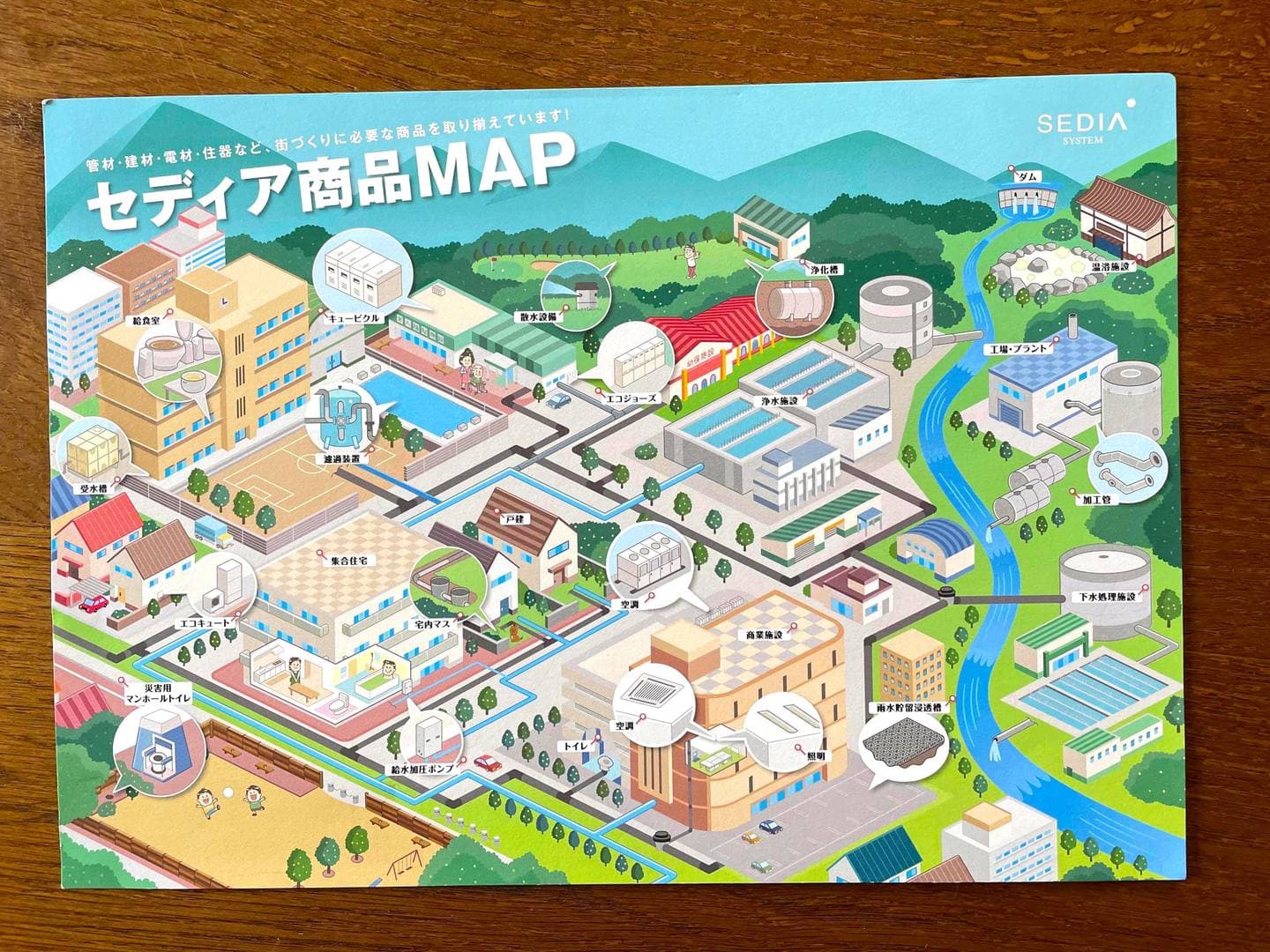 渡辺パイプ株式会社〈商品パンフレット〉_アイソメトリックイラスト_街の俯瞰図イラスト作成_街・都市・施設・街並み_イラストレーターいわたまさよし