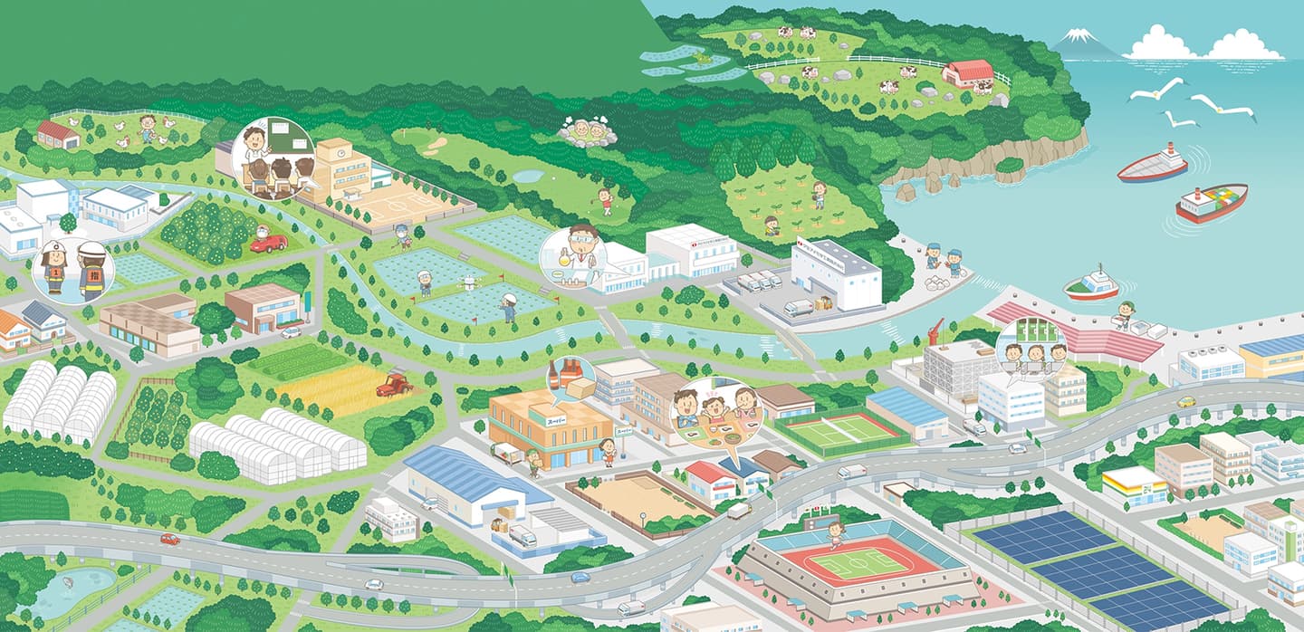 クミアイ化学工業〈CSR 2018〉_アイソメトリックイラスト_街の俯瞰図イラスト作成_街・都市・施設・街並み_イラストレーターいわたまさよし