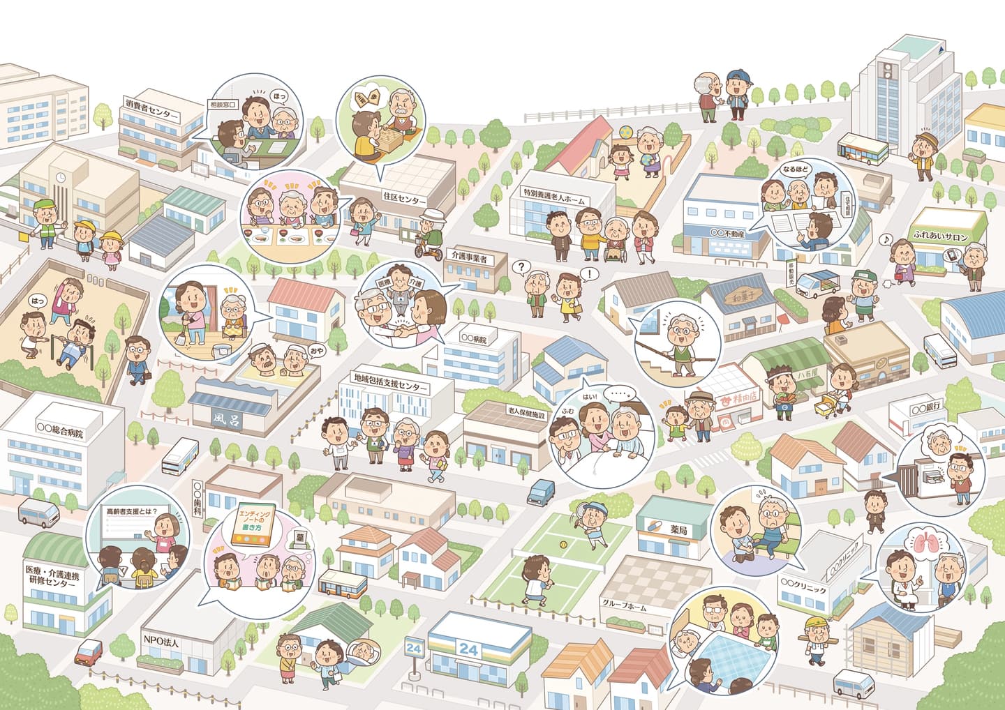 〈地域包括ケアビジョン〉_アイソメトリックイラスト_街の俯瞰図イラスト作成_街・都市・施設・街並み_イラストレーターいわたまさよし